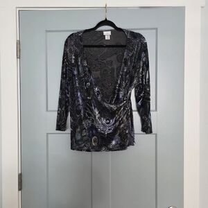 Velvet Burnout Wrap Top Abstract Paisley Long Sleeve Size M